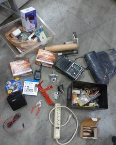 lot 133 image: Group of misc garage stuff - insect fogger, radio, bulbs, hangers, tie downs, painters plastic