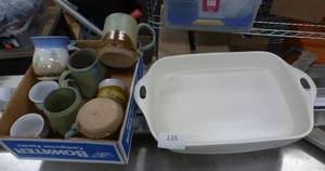 lot 135 image: New stoneware baking pan, coffee mugs, electric griddle