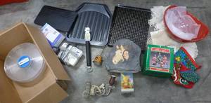lot 138 image: Misc collection - grilling plates, grill cleaner, vintage wall lamp, answering machine, bulbs, dcor, new bowl
