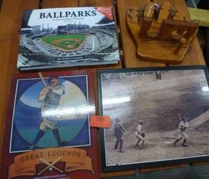 lot 158 image: Baseball fans - Babe Ruth picture, bat and ball wall hanger, ballpark book, tin picture