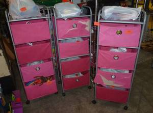 lot 229 image: 3 rolling storage units with baskets altho a number of the baskets need replacing