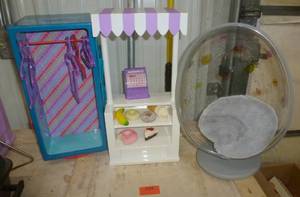 lot 239 image: American Girl wardrobe closet, food stand, egg chair