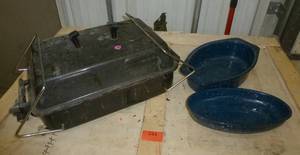 lot 244 image: Camping propane grill and a small enamel roaster