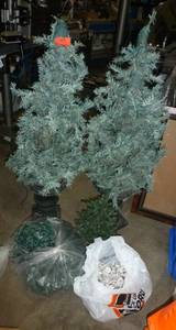 lot 245 image: Two 4-foot christmas trees and 2 bags full of lights, the one bag must have 3 or 4 sets of lights