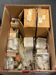 lot 42 image: MISC BOX OF SCIENCE GLASS AND SUPPLIES, SEE PHOTOS, Funnels, Jars, Test Tubes, & More. $300 Retail Value. Shipping at your own risk if you are not in Minnesota