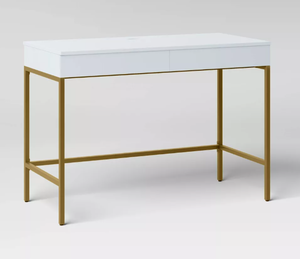 lot 74 image: Loring Wood Writing Desk with Drawers and Charging Station - Threshold