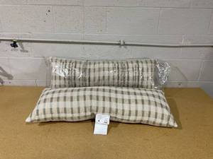 lot 315 image: 14x36 Layered Stripe Lumbar Bed Pillow Sage GreenCreamNatural - Hearth & Hand with Magnolia Cotton-Linen Blend, Indoor Use