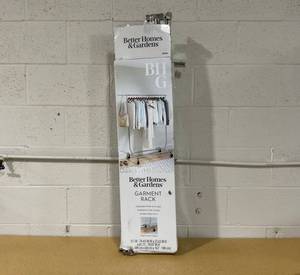 lot 164 image: Better Homes & Gardens 100lbs Heavy Duty Folding Adjustable Rolling Garment Rack