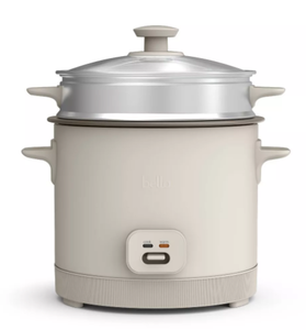 lot 471 image: Bella 16 Cup Rice Cooker with Steamer Oatmilk Nonstick Coating, Automatic Keep Warm, Tempered Glass Lid, 2 Settings