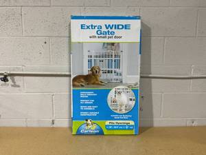 lot 193 image: Carlson Extra Wide Walk-Through Pet Gate with Small Pet Door, Fits Openings 29-38.5 Wide