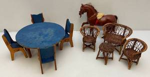 lot 126 image: Vintage Wood Barbie Doll Wicker Set & Wood Table And Chairs