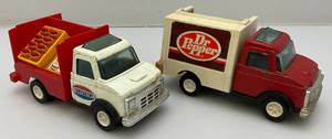 lot 142 image: Vintage Miniature StrombeckerTootsie Toy Trucks Including DR. PEPPER (Complete) & Food Truck (Missing Some Accessories)