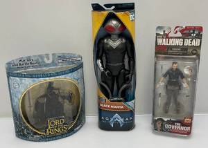 lot 155 image: Group Of Misc. Vintage Action Figures New In Box Including DC Aquaman (Black Manta) 12 , The Lord Of The Rings And The Walking Dead Miniature Figures