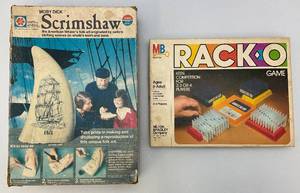 lot 158 image: Vintage Moby Dick Scrimshaw Kit & Rack-O Board Game