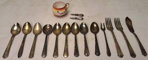 lot 6 image: Sterling Stainless Steel utensils and a VINTAGE unique  China tea cup