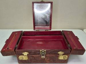 lot 5 image: Vintage Leather Tooled Train Case Makeup Holder