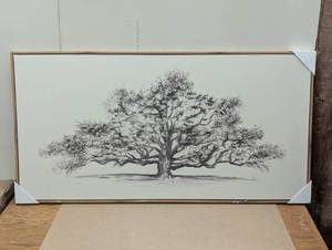 lot 53 image: 47 x 24 Pen and Ink Tree Framed Wall Canvas