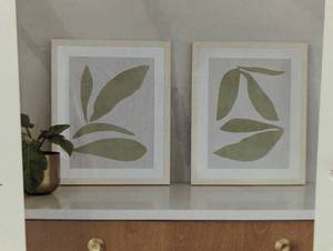 lot 30 image: (Set of 2) 16 x 20 Leaf Framed Wall Art Set Natural - Threshold Botanical Drawing, Beige Frame, Vertical Display