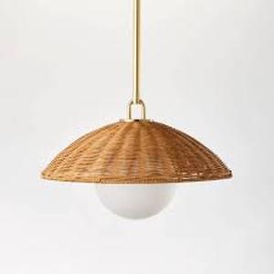 lot 90 image: Wicker Dome Pendant with Opal Glass Ball Ceiling Light Brown