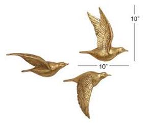lot 95 image: Deco 79 Polystone Bird Home Wall Decor Metallic 3D Sculpted Floating Wall Sculpture, Set of 3 - 10,10,10H, Gold