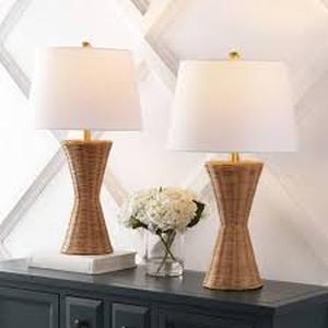 lot 24 image: JONATHAN Y Set of 2 27 Laura Coastal Designer IronRattan Wicker Table Lamps