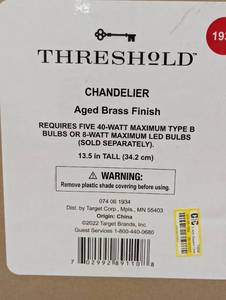 lot 154 image: 5 Arm Shaded Chandelier - Brass