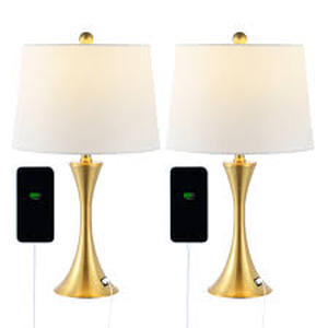 lot 143 image: Set of 2 - JONATHAN Y Bennett 22.75 Modern Glam Iron Hourglass LED Table Lamp with USB Charging Port - Gold