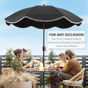 lot 22 image: SunRay 9 round market umbrella - Aluminum -  Fringe Design Black - 8 Rib Crank