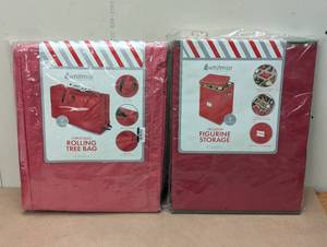 lot 63 image: Set of 2 Heavy Duty Storage Containers - Rolling Tree Bag & Figure Storage