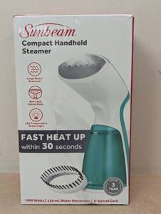 lot 57 image: Sunbeam 1000W Compact Handheld Steamer with Brush Attachment