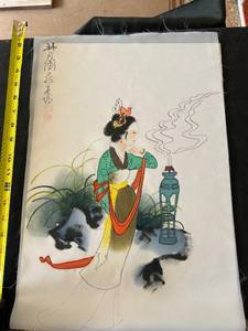 lot 109 image: Chinese Silk Painting of Elegant Woman with Incense Burner