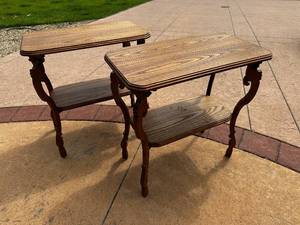 lot 110 image: Pair of Vintage Wooden Side Tables with Shelves