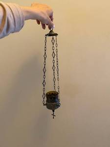 lot 159 image: Vintage Hanging Brass Incense Burner with Chain and Amber Glass Holder