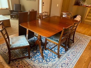 lot 154 image: Solid Antique Mahogany Double Pedestal Dining table with Three Leaves and a Set of 6 Vintage Dining Table with 6 Ladder Back Dining Chairs, 5 Side Chairs and 1 Armchair