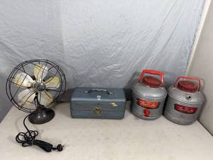 lot 40 image: Antique Fan, Metal Tackle Box, Old Therm-a-Jugs
