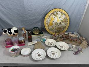 lot 52 image: Vintage Home Decor, Avon, Asian Hat, Clock, Essential Oil Necklace, and More
