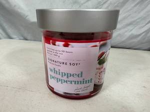 lot 54 image: New Signature Soy Plant Based Wax Blend 2 Wick Candle - Whipped Peppermint