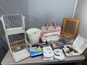 lot 59 image: Organization Bins, Craft Letters, Glue Gun, New Bag, Curling Iron, and More