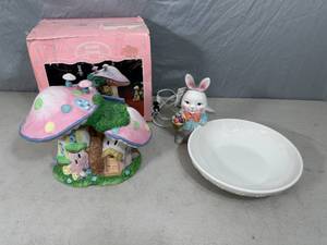 lot 62 image: Mr. Cottontail Candy Dish and Bunny Towne Light Up Mushroom House