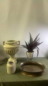 lot 19 image: Collection of Decorative Home Items Urn, Vase, Tray, and Potted Plant