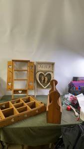 lot 30 image: Rustic Wooden Heart Decor Set with Shelf, Wall Art, and Tool Caddy