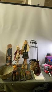 lot 35 image: Assorted Decorative Items Including Folk Art Figures and Artisanal Pitchers