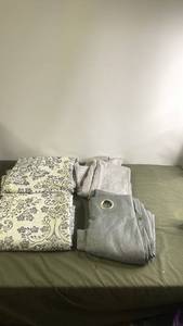 lot 121 image: Set of Textured Polyester Curtains with Blue Damask and Silver Panels