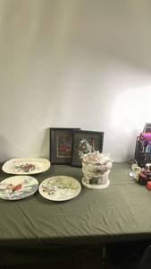 lot 148 image: Collection of Cardinal-Themed Plates and Brown Floral Soup Tureen Set