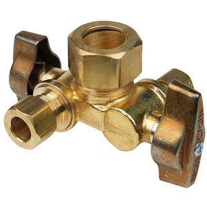 lot 13-I2025 image: BrassCraft 12 in. Nominal Inlet x 38 in. O.D. Comp x 14 in. O.D. Dual Outlet Dual Shut-Off 14 in. Turn Angle Ball Valve