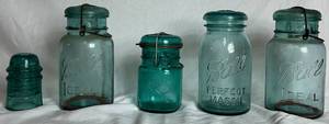 lot 88 image: 3 Wire Lid Covered Blue Ball Jars, 1 Screw Top Blue Ball Jar, and 1 Blue Hemingray Insulator