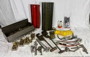 lot 159 image: Large Quantity Various Sizes Brass Fittings, Pipe Cutters (Various Sizes), Pipe Bending Tools, Pipe Flaring Tool, Small Pipe Clamps, Air Compressor Attachments, Craftsman Air Line Filter 38 NPT Tread inlet