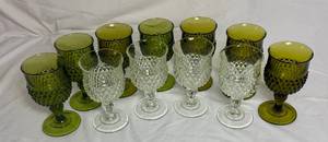 lot 182 image: Vintage Indiana Glass Diamond Point Green and Clear Glass Goblet Collection