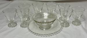 lot 186 image: Etched Anchor Hocking Boopie Glasses and Vintage Imperial Glass Candlewick Glass Bowl & Underplate - set of 8