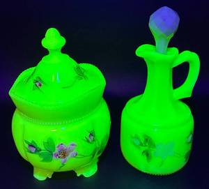 lot 35 image: Antique Tarentum Glass Floral Custard Glass Covered Sugar Bowl and Cruet with Stopper - Uranium Glass
